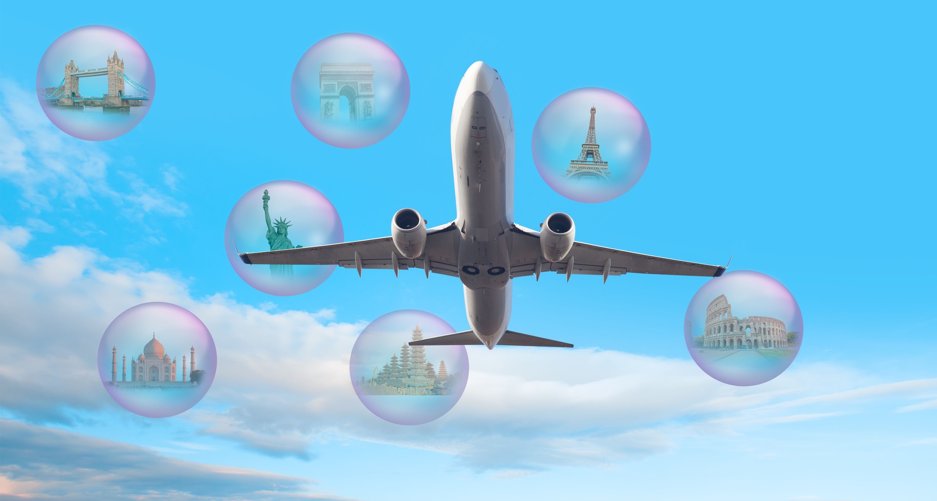 Airplane in the sky - Famous (Major) monuments of the world with air soap bubble flying - Colosseum, eiffel, Taj mahal, Arch of Triumph, Statue of Liberty, tower bridge,  Pura Besakih temple